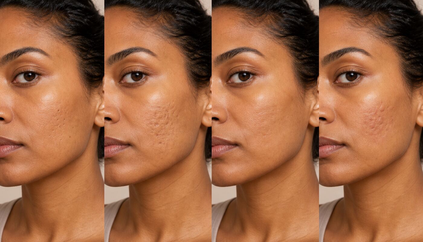 Four-panel editorial comparison of ice-pick-like, boxcar-like, rolling and raised acne scar textures on the same fictional adult