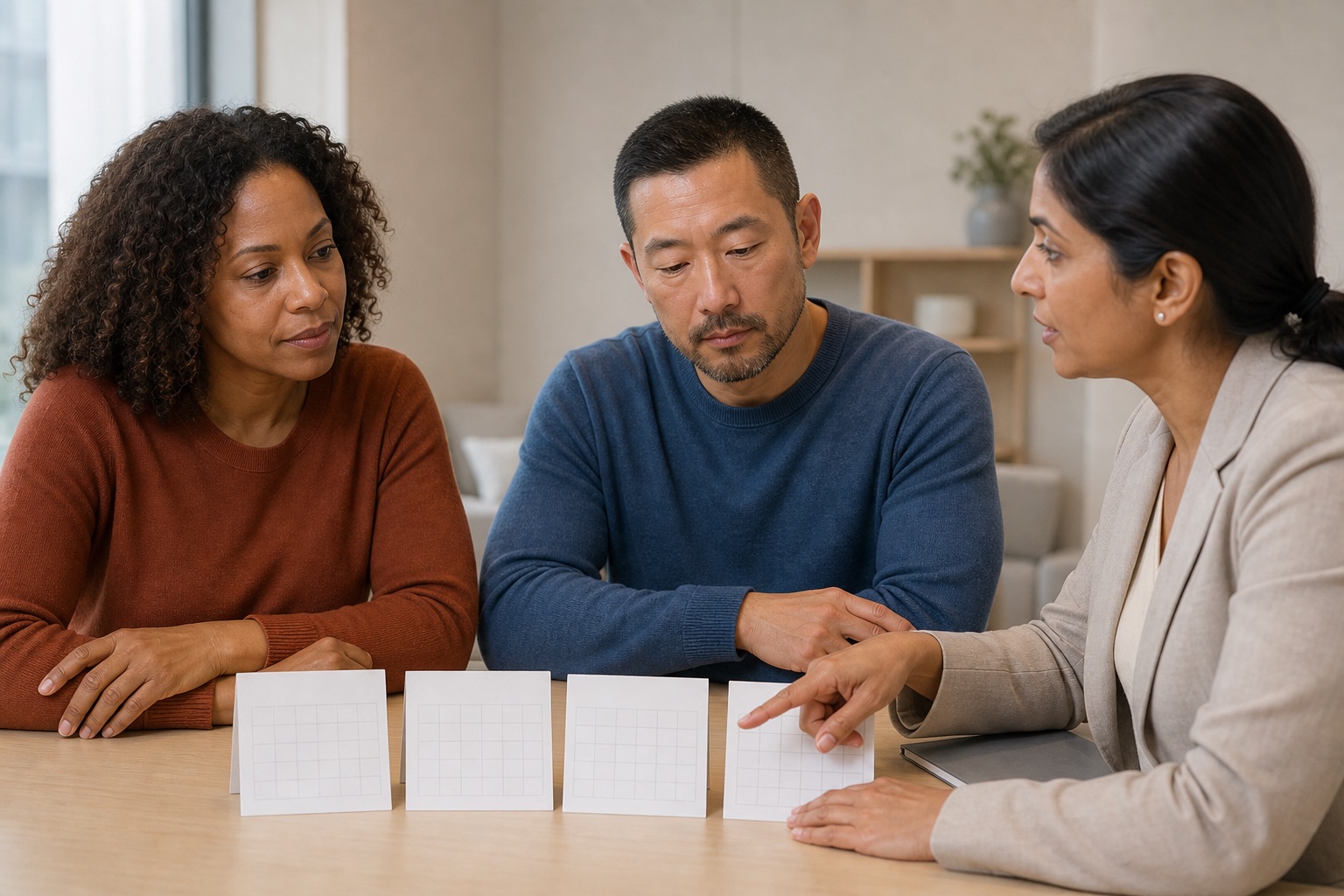 A Black woman and East Asian man reviewing four blank duration calendar cards with a South Asian clinician