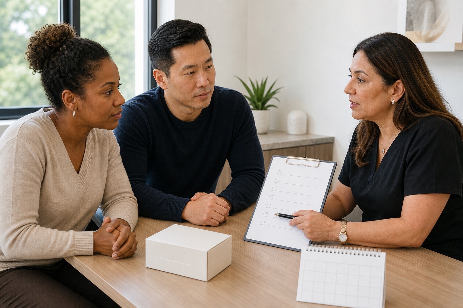 A Black woman and East Asian man reviewing a blank checklist with a Latina clinician in a fictional consultation