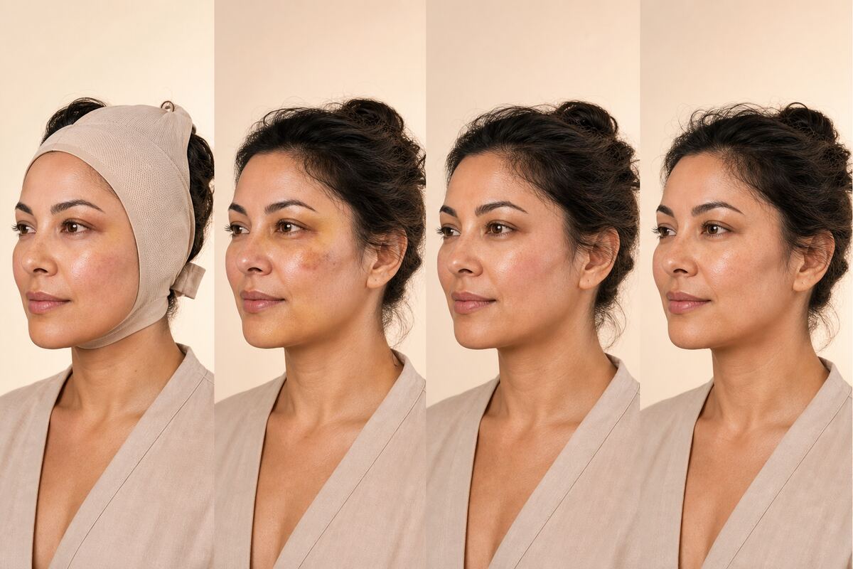 Four-panel editorial illustration of the same fictional adult during broad facelift recovery stages