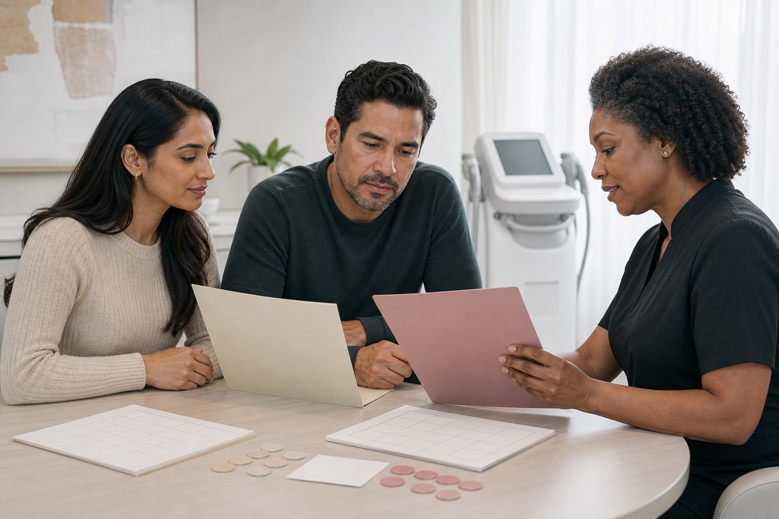 A South Asian woman and Latino man comparing two blank laser treatment package folders with a Black female professional