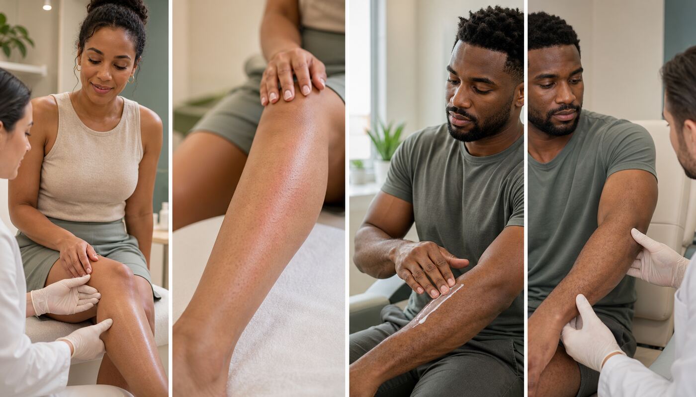 Four-panel editorial illustration with distinct adult female and male models showing consultation, mild temporary skin response, sun protection and review after laser hair removal