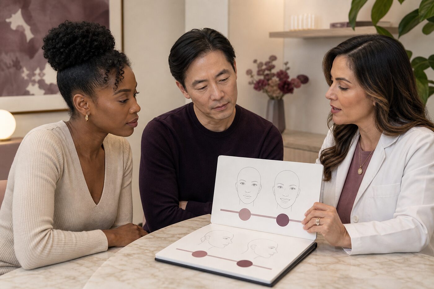 Three fictional adults reviewing neutral and smiling face diagrams during a cosmetic consultation