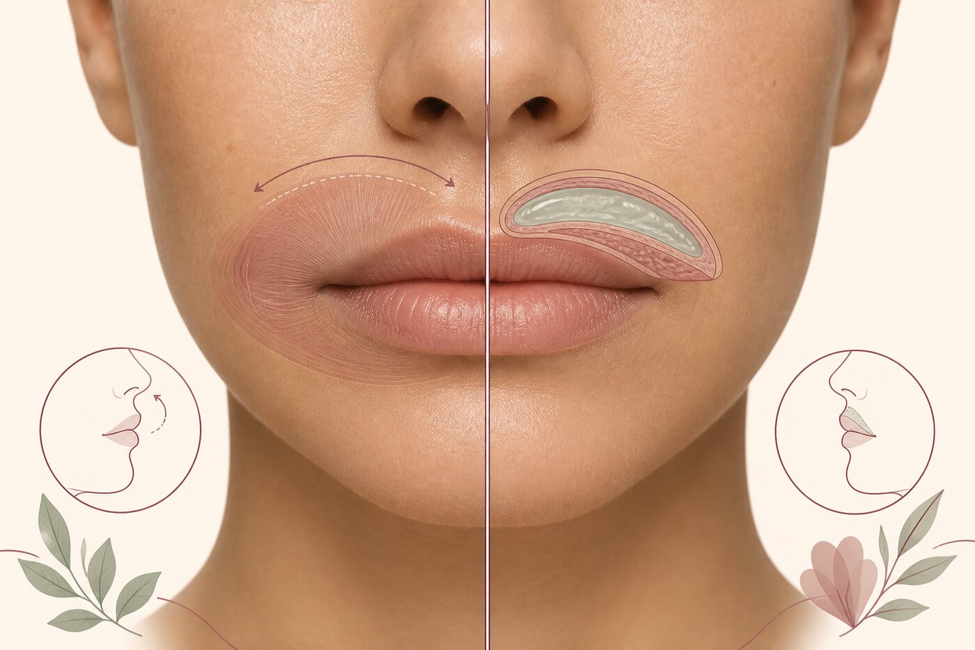 Split educational illustration comparing upper-lip muscle activity with a simplified filler volume cross-section