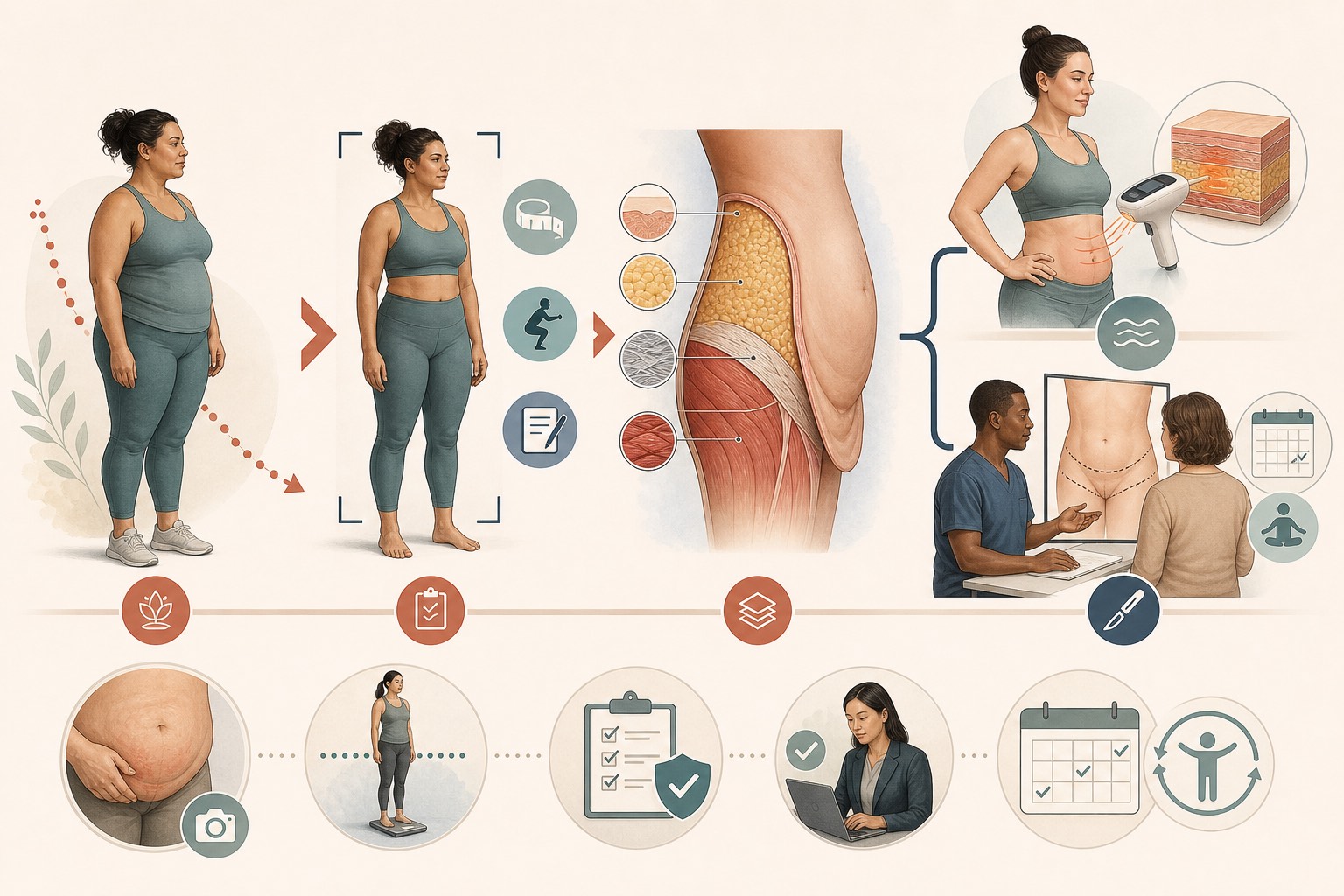 Respectful weight-change documentation pathway leading to a layered torso cutaway and separate non-invasive device and surgical consultation branches