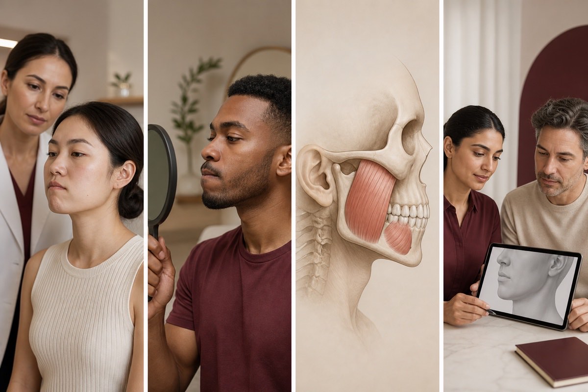 Four-panel editorial image of an East Asian woman having lower-face movement assessed, a Black man checking jaw function, a simplified masseter cutaway and two adults reviewing a neutral 3D lower-face model
