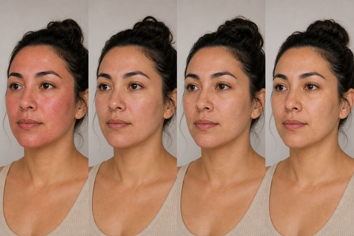 Four-panel editorial illustration of the same fictional woman as early facial redness settles after microneedling
