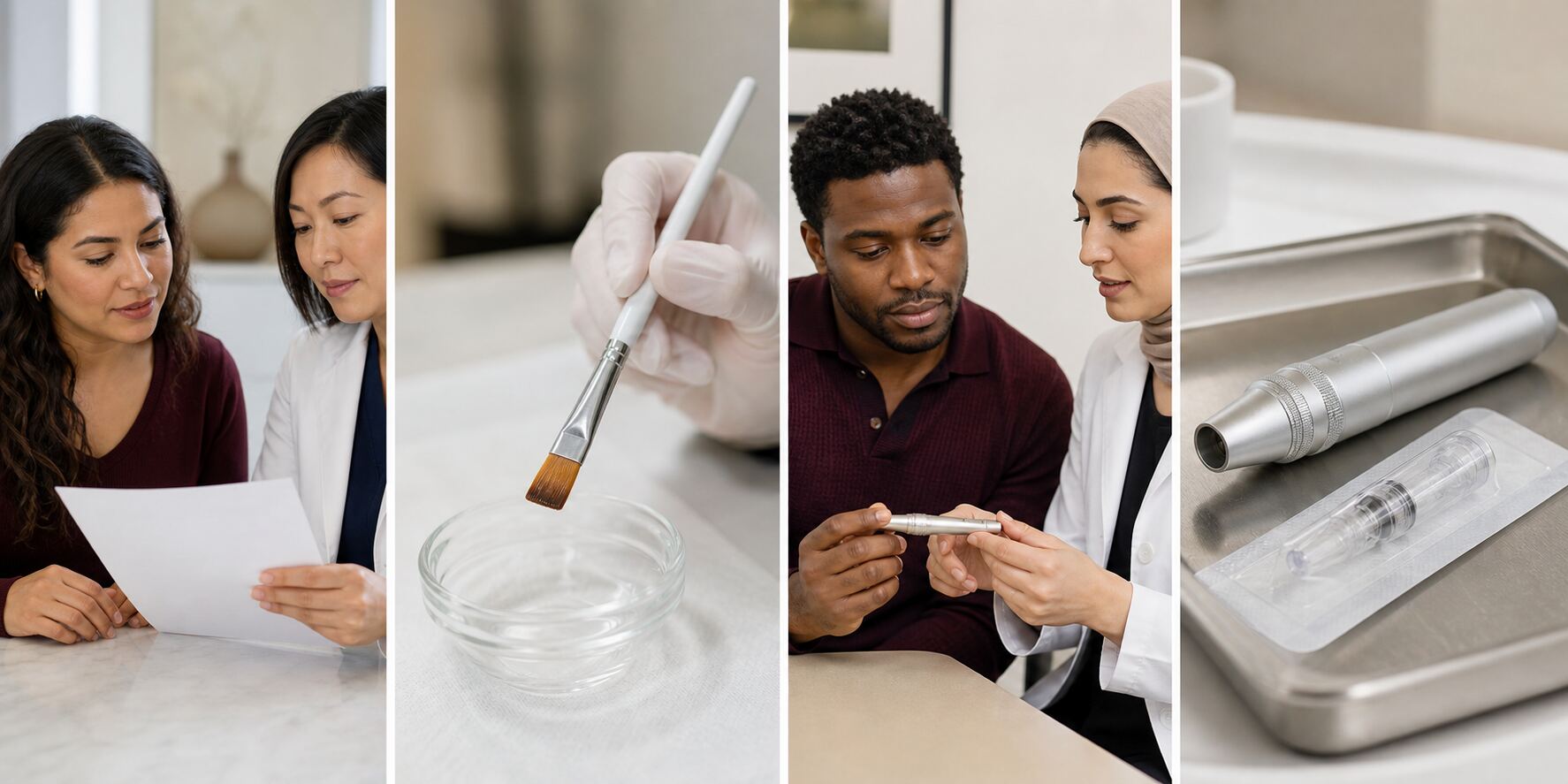 Four-panel editorial image comparing a chemical peel consultation and brush with a microneedling consultation and sealed cartridge