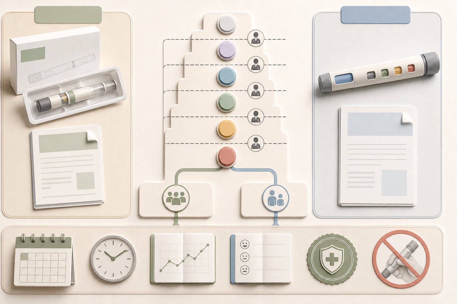 Generic single- and multi-dose presentations around six clinician-review steps above calendar, clock, glucose, symptom, pharmacy and no-click-count symbols