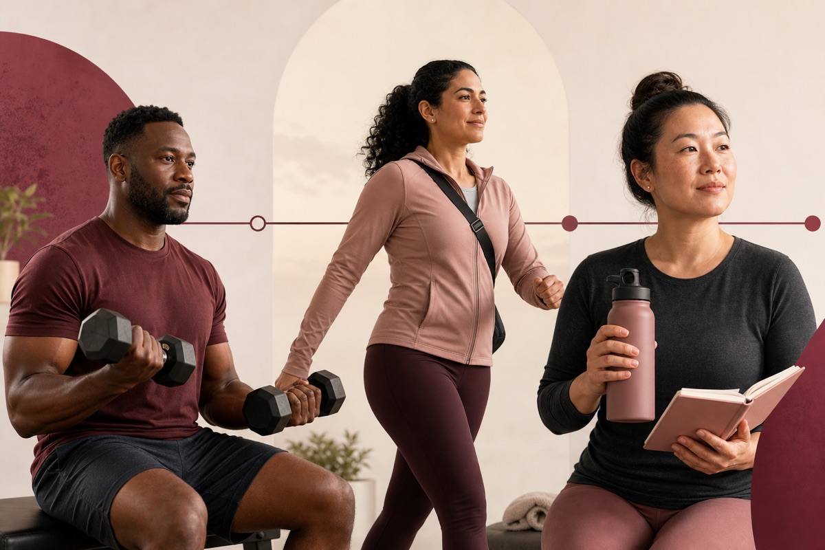 Three diverse adults doing resistance exercise, walking and recording hydration in a warm editorial studio