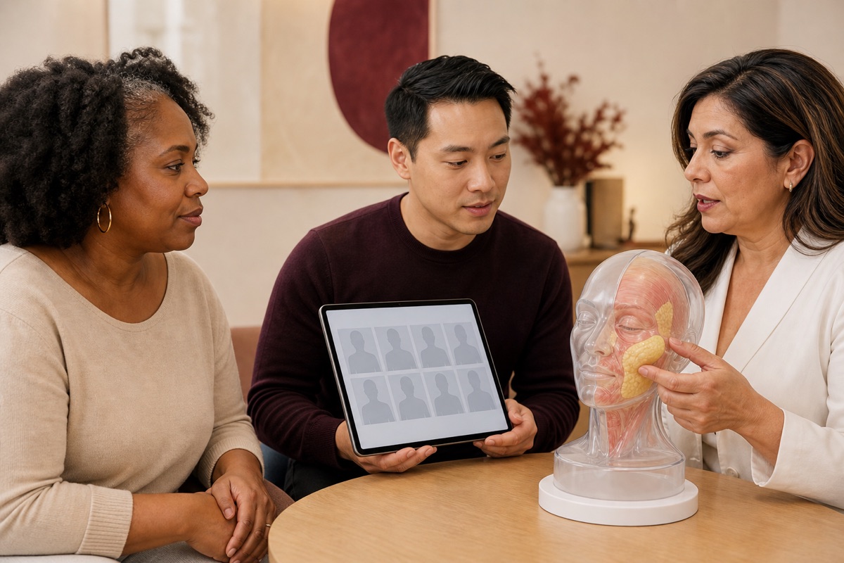 Three diverse adults reviewing standardized photographs and a simplified facial fat-compartment model