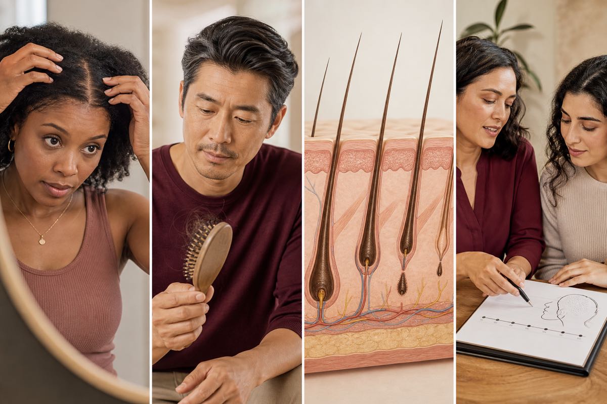Four-panel editorial image of a Black woman checking her hair part, an East Asian man reviewing a hairbrush, a simplified hair-cycle cutaway and two women reviewing a neutral scalp timeline