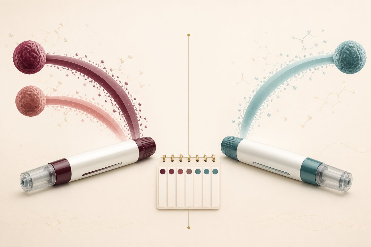 Balanced editorial comparison of two unbranded weekly injection pens with two abstract GIP and GLP-1 pathways on one side and one GLP-1 pathway on the other