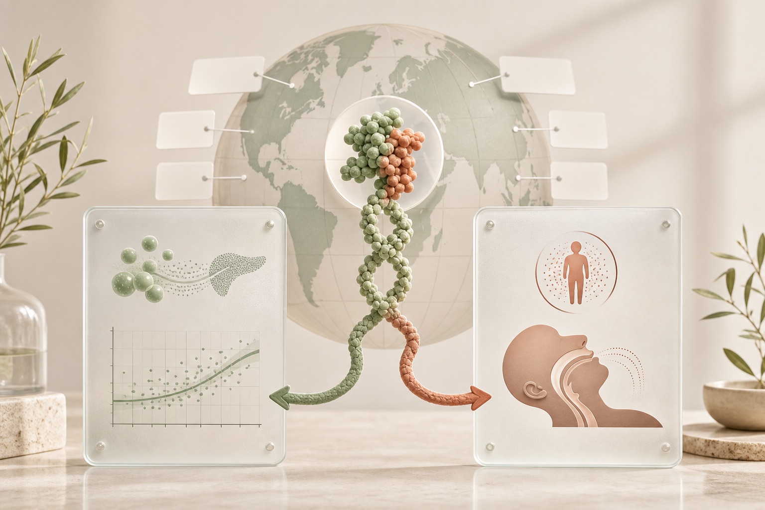 One abstract tirzepatide molecule branching into balanced glucose-care and weight-management plus sleep-airway label pathways against a global map