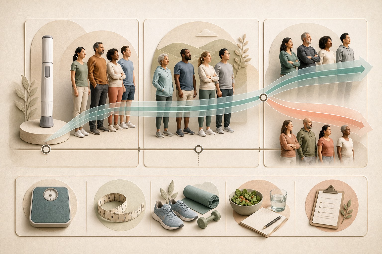 Three clinical trial windows with diverse adults and an aggregate research ribbon branching into continuation and withdrawal paths above scale, waist, activity, food, hydration and symptom records
