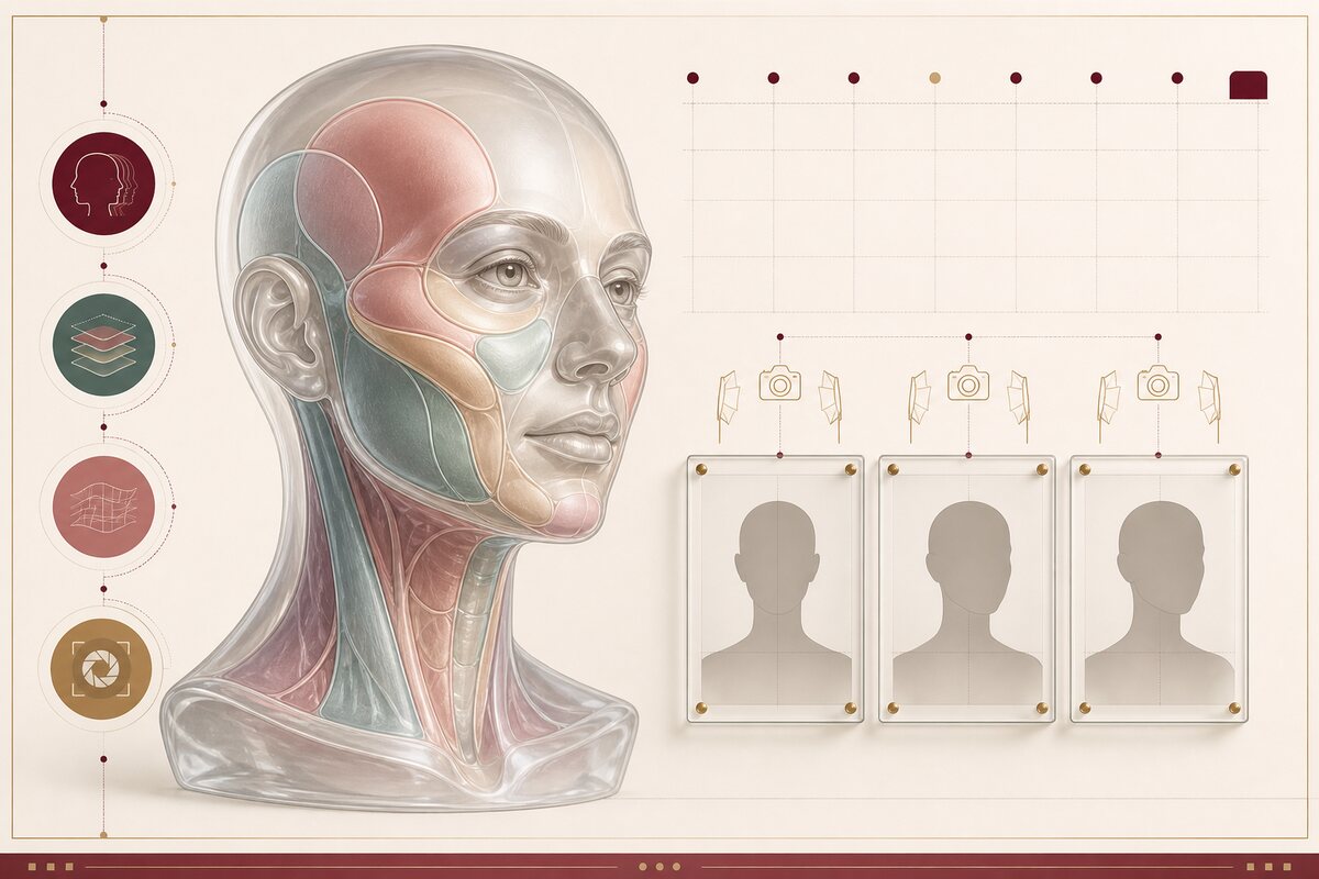 Transparent anatomical head showing facial volume compartments beside three standardized blank photography frames