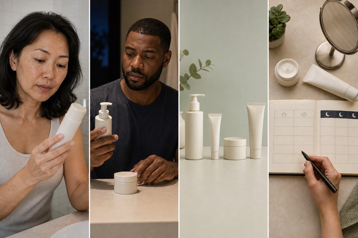 Four-panel original editorial image of an East Asian woman reading an unbranded skincare bottle, a Black man reviewing a separate nighttime pump, distinct product formats and a blank day-and-night routine journal