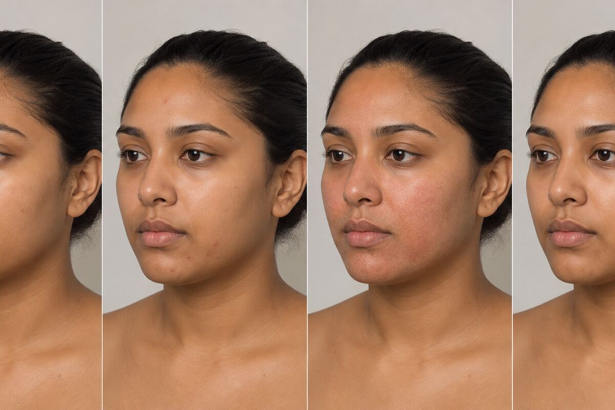 Four-panel editorial comparison of the same fictional woman with baseline skin, localized spots, diffuse irritation and settled skin