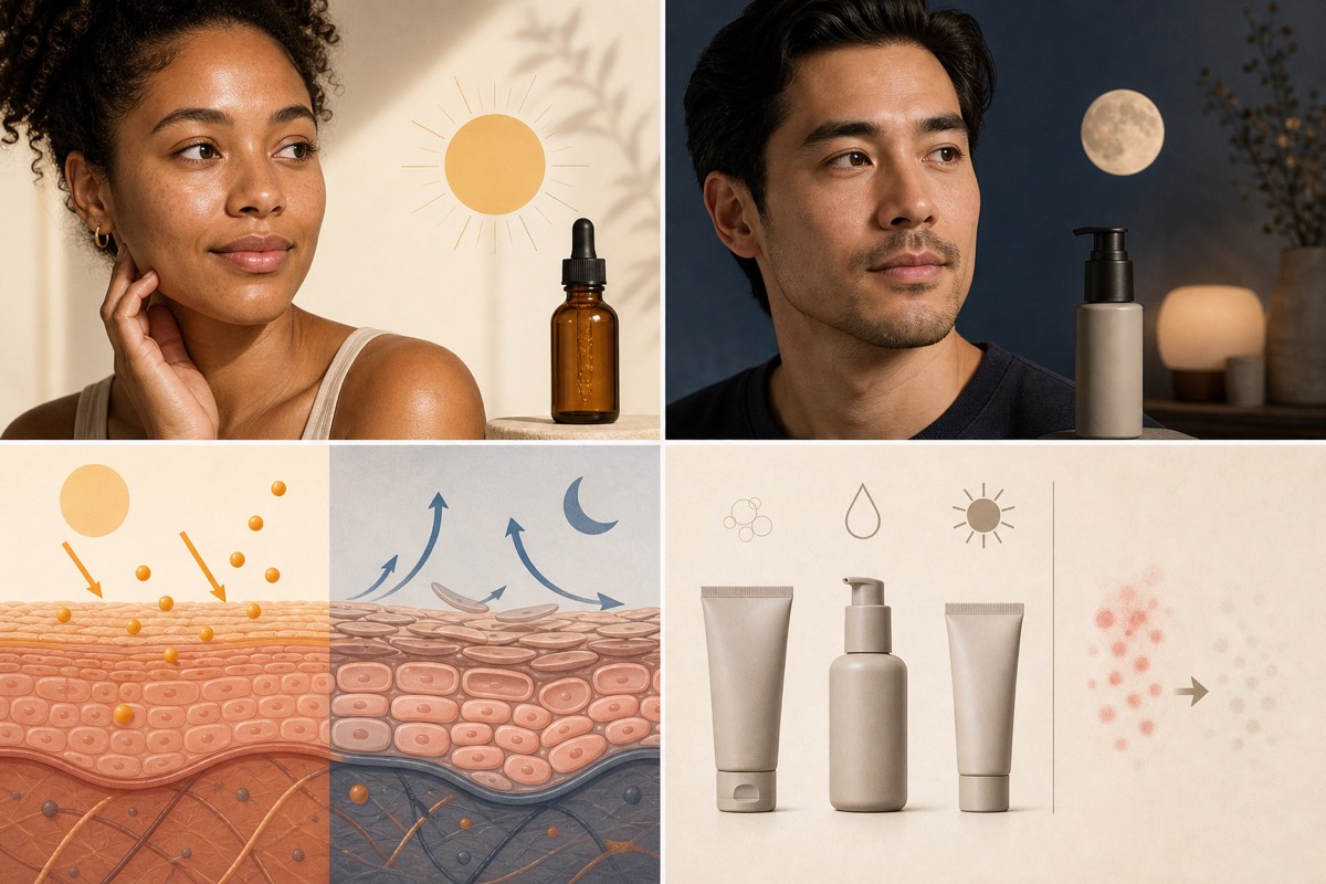 Four-panel editorial illustration of a woman with vitamin C in morning light, a man with retinol at night, two skin-mechanism diagrams and a simplified irritation reset routine