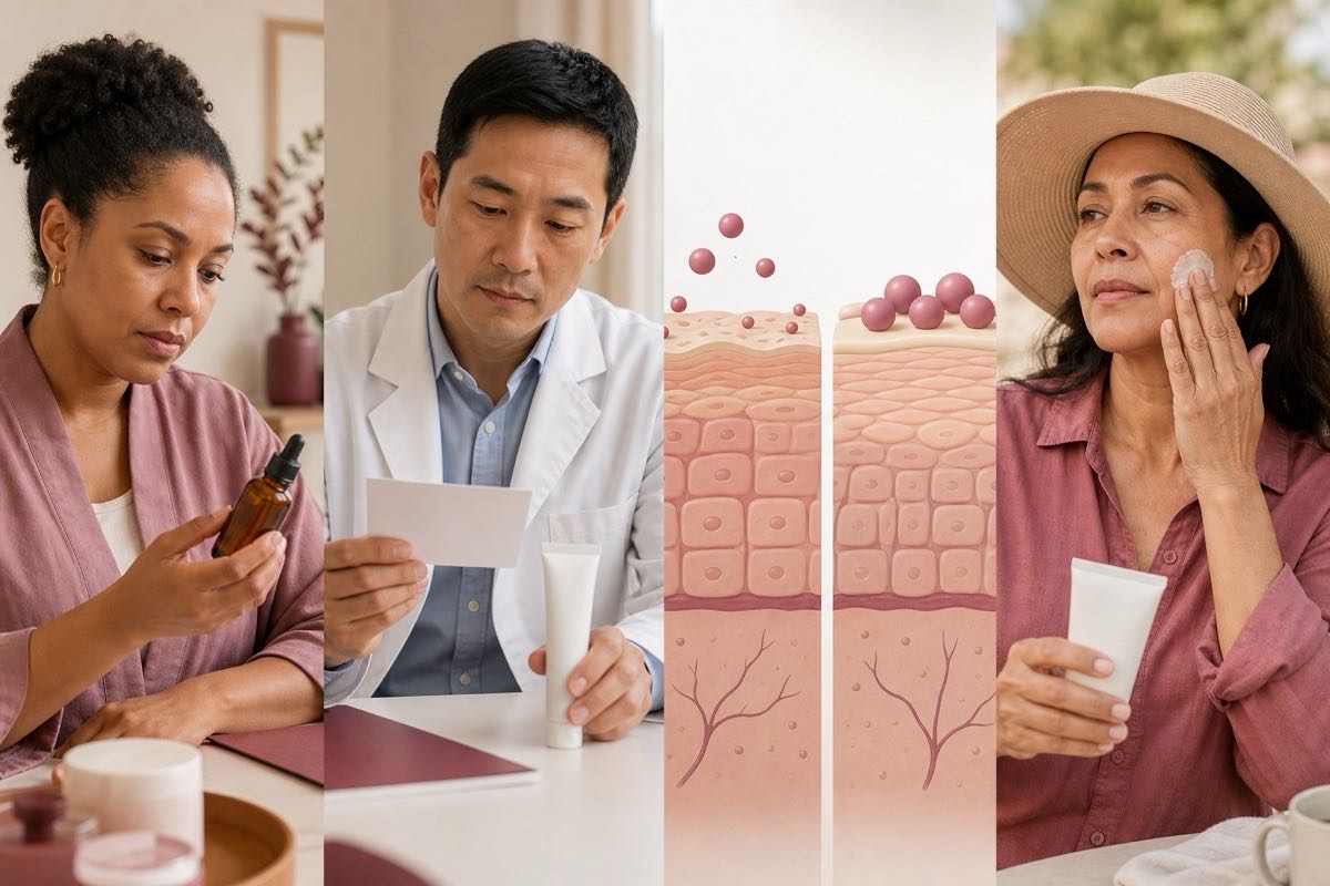 Four-panel editorial comparison with a Black woman reading an unbranded retinol serum, an East Asian male clinician reviewing a blank prescription card, a simplified skin cutaway and a Latina woman using moisturizer and a sun hat