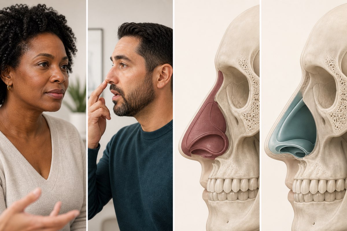 Four-panel editorial comparison with a Black woman and Latino man in consultation plus separate external-nose and internal-septum anatomical models