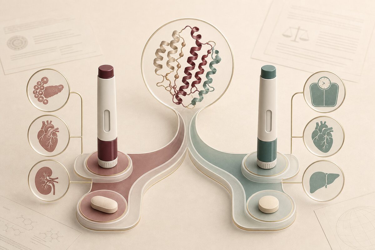 One abstract semaglutide ribbon branching into two balanced unbranded product pathways with injection and tablet forms