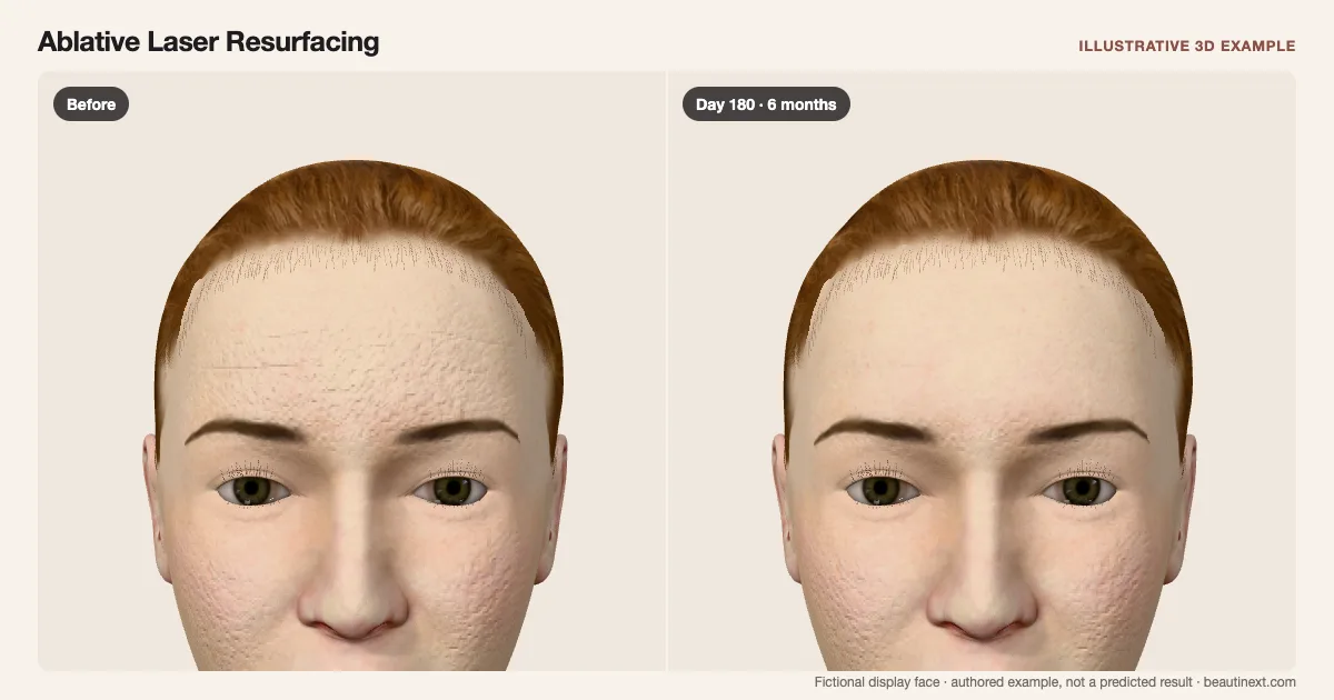 Ablative Laser Resurfacing on a fictional 3D face: before treatment and day 180 · 6 months