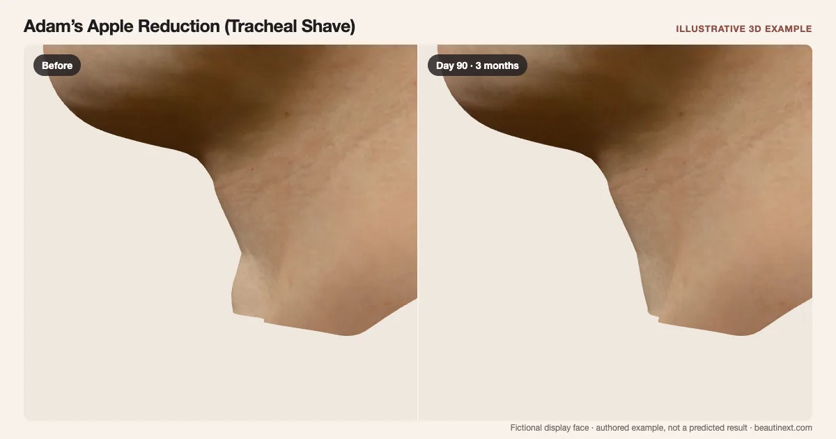 Adam’s Apple Reduction (Tracheal Shave) on a fictional 3D face: before treatment and day 90 · 3 months
