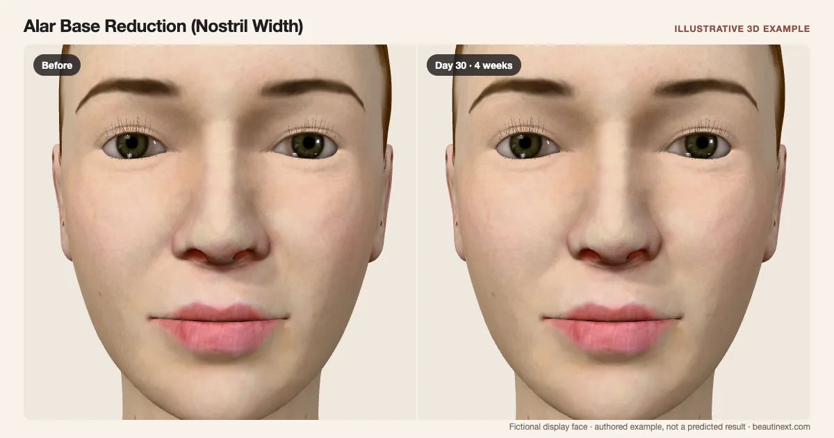 Alar Base Reduction (Nostril Width) on a fictional 3D face: before treatment and day 30 · 4 weeks