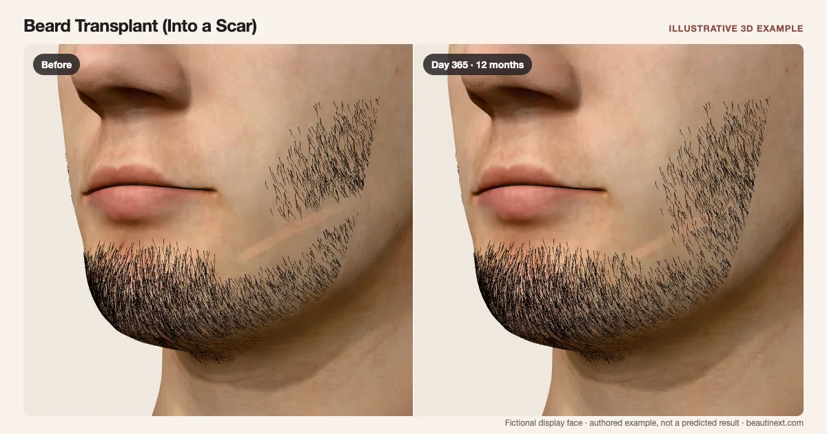 Beard Transplant (Into a Scar) on a fictional 3D face: before treatment and day 365 · 12 months