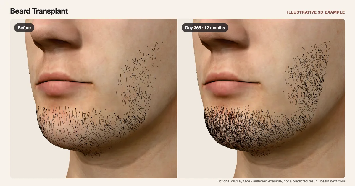 Beard Transplant on a fictional 3D face: before treatment and day 365 · 12 months