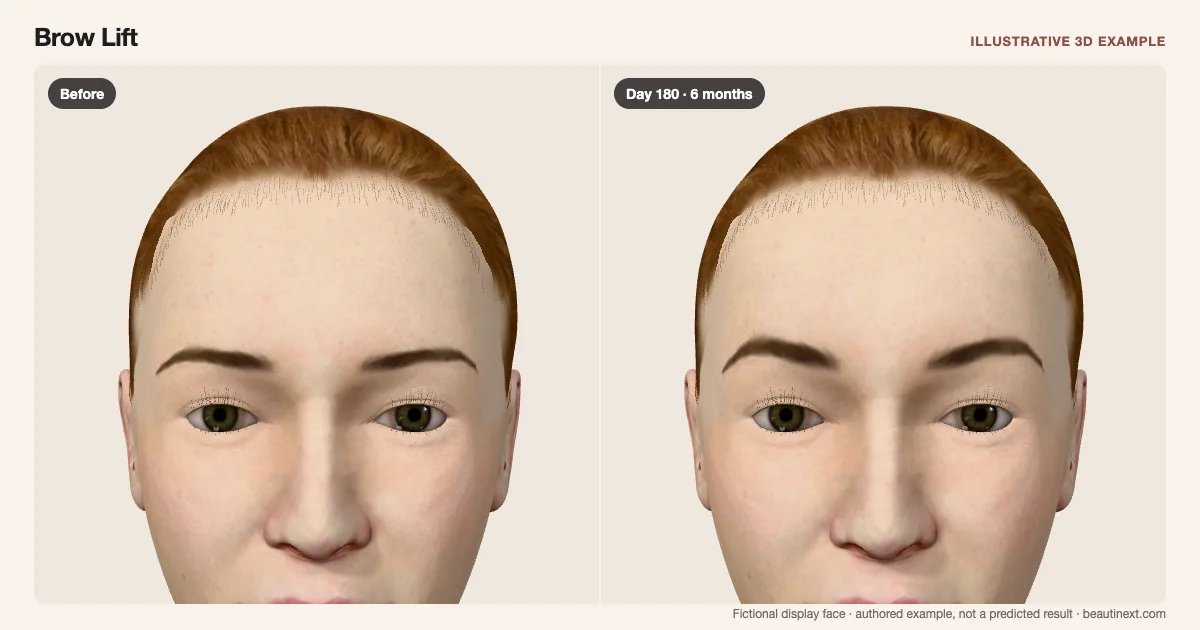 Brow Lift on a fictional 3D face: before treatment and day 180 · 6 months