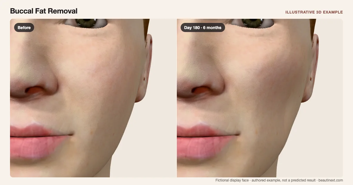 Buccal Fat Removal on a fictional 3D face: before treatment and day 180 · 6 months
