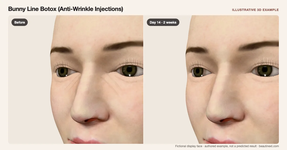 Bunny Line Botox (Anti-Wrinkle Injections) on a fictional 3D face: before treatment and day 14 · 2 weeks