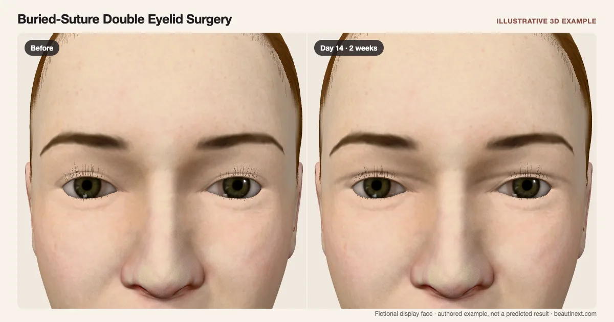 Buried-Suture Double Eyelid Surgery on a fictional 3D face: before treatment and day 14 · 2 weeks