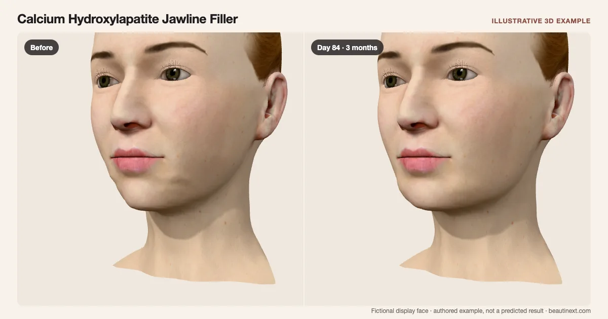 Calcium Hydroxylapatite Jawline Filler on a fictional 3D face: before treatment and day 84 · 3 months