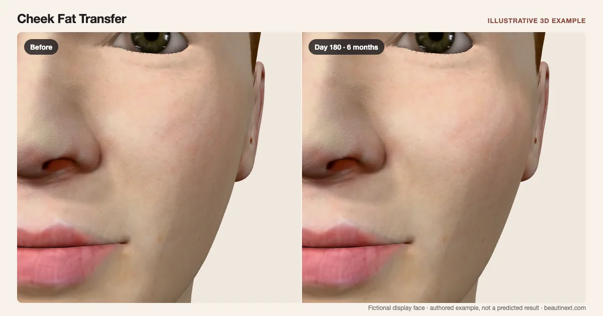 Cheek Fat Transfer on a fictional 3D face: before treatment and day 180 · 6 months