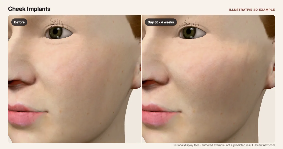 Cheek Implants on a fictional 3D face: before treatment and day 30 · 4 weeks
