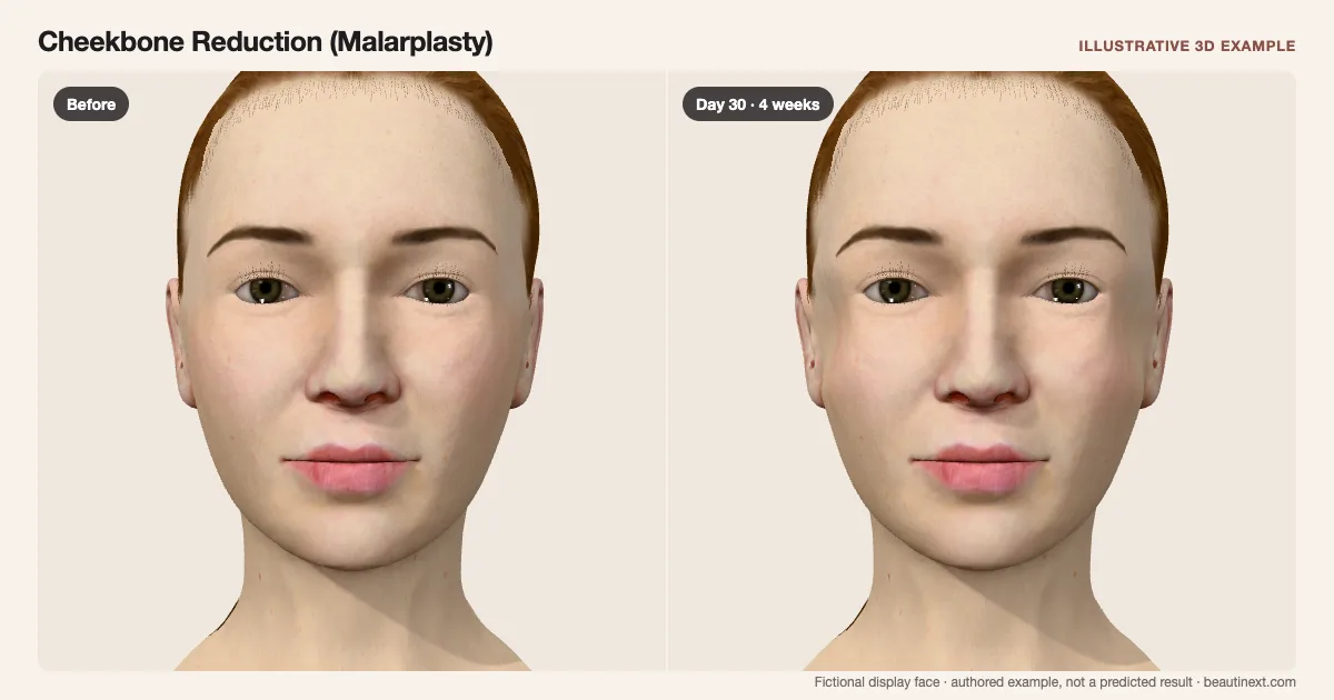 Cheekbone Reduction (Malarplasty) on a fictional 3D face: before treatment and day 30 · 4 weeks