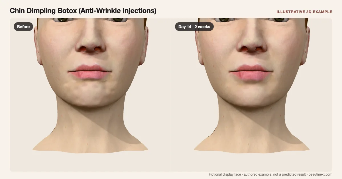 Chin Dimpling Botox (Anti-Wrinkle Injections) on a fictional 3D face: before treatment and day 14 · 2 weeks