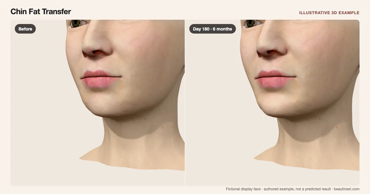 Chin Fat Transfer on a fictional 3D face: before treatment and day 180 · 6 months