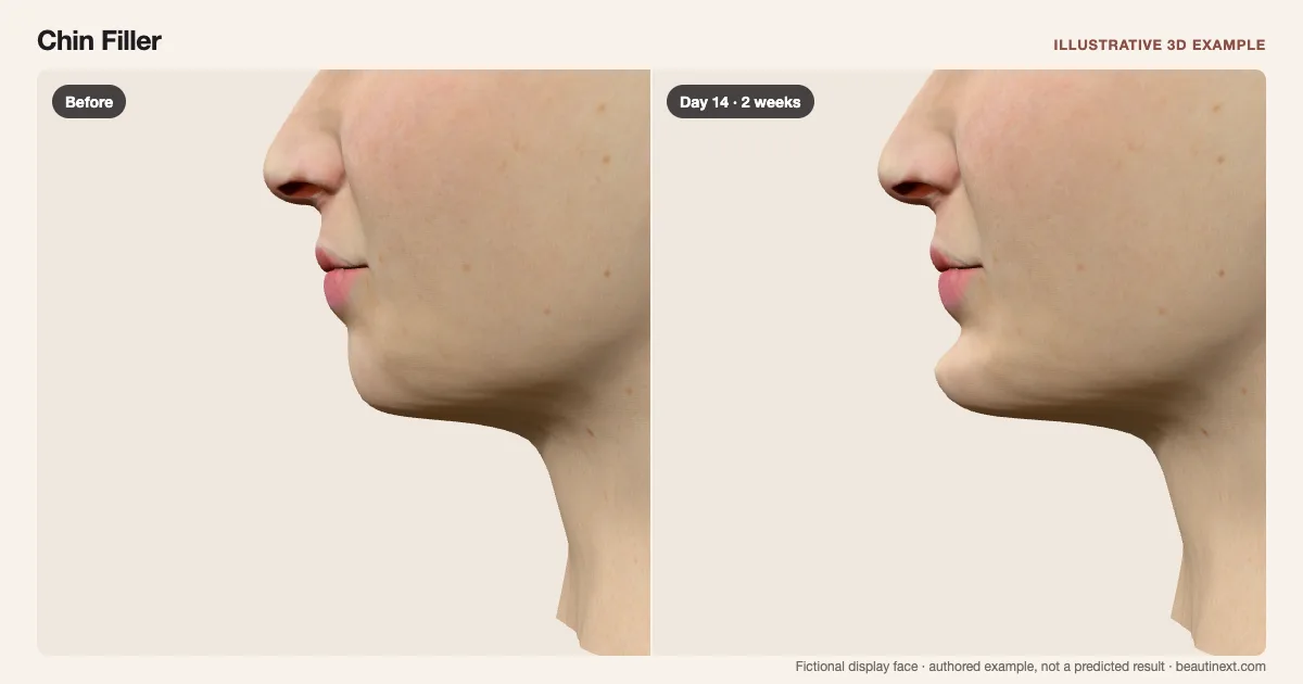 Chin Filler on a fictional 3D face: before treatment and day 14 · 2 weeks