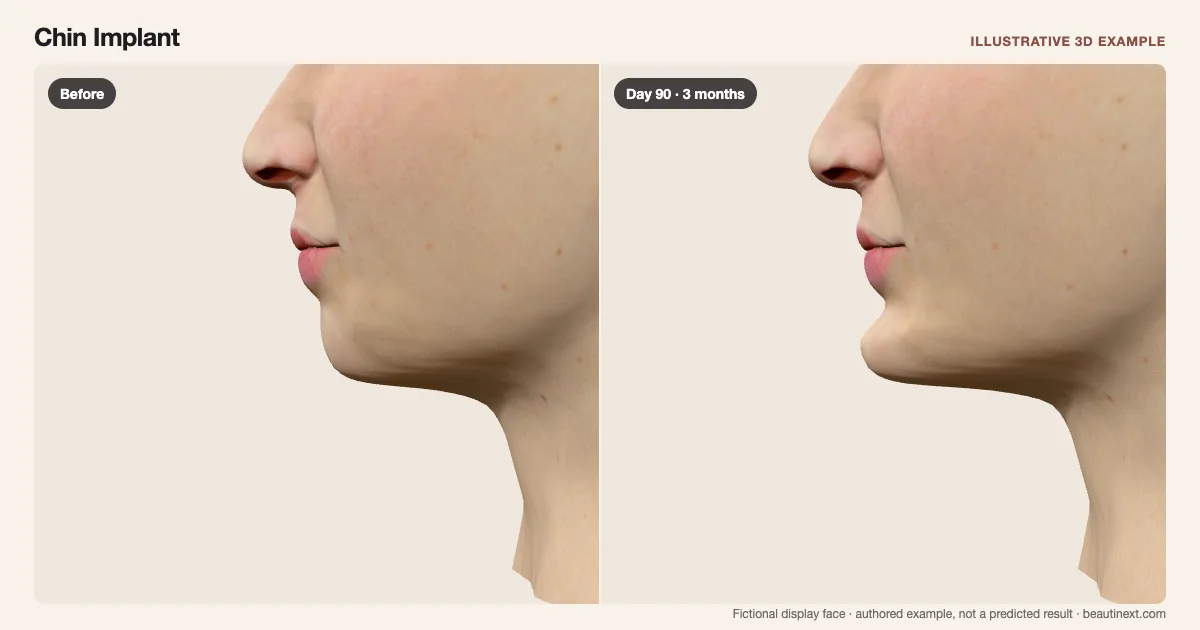 Chin Implant on a fictional 3D face: before treatment and day 90 · 3 months
