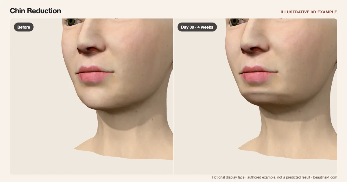 Chin Reduction on a fictional 3D face: before treatment and day 30 · 4 weeks