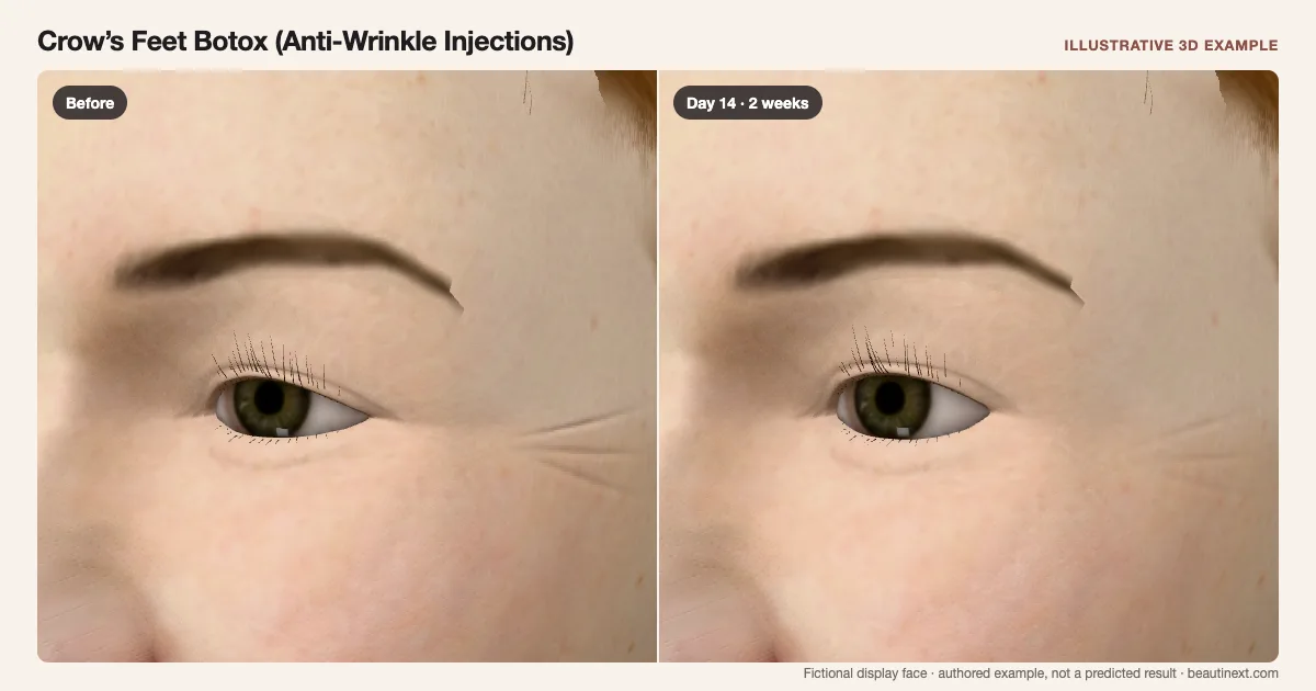 Crow’s Feet Botox (Anti-Wrinkle Injections) on a fictional 3D face: before treatment and day 14 · 2 weeks