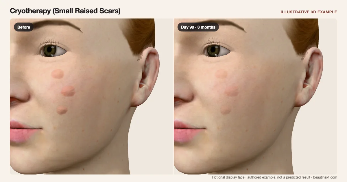 Cryotherapy (Small Raised Scars) on a fictional 3D face: before treatment and day 90 · 3 months