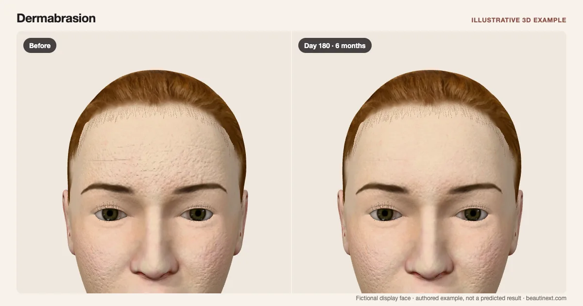 Dermabrasion on a fictional 3D face: before treatment and day 180 · 6 months