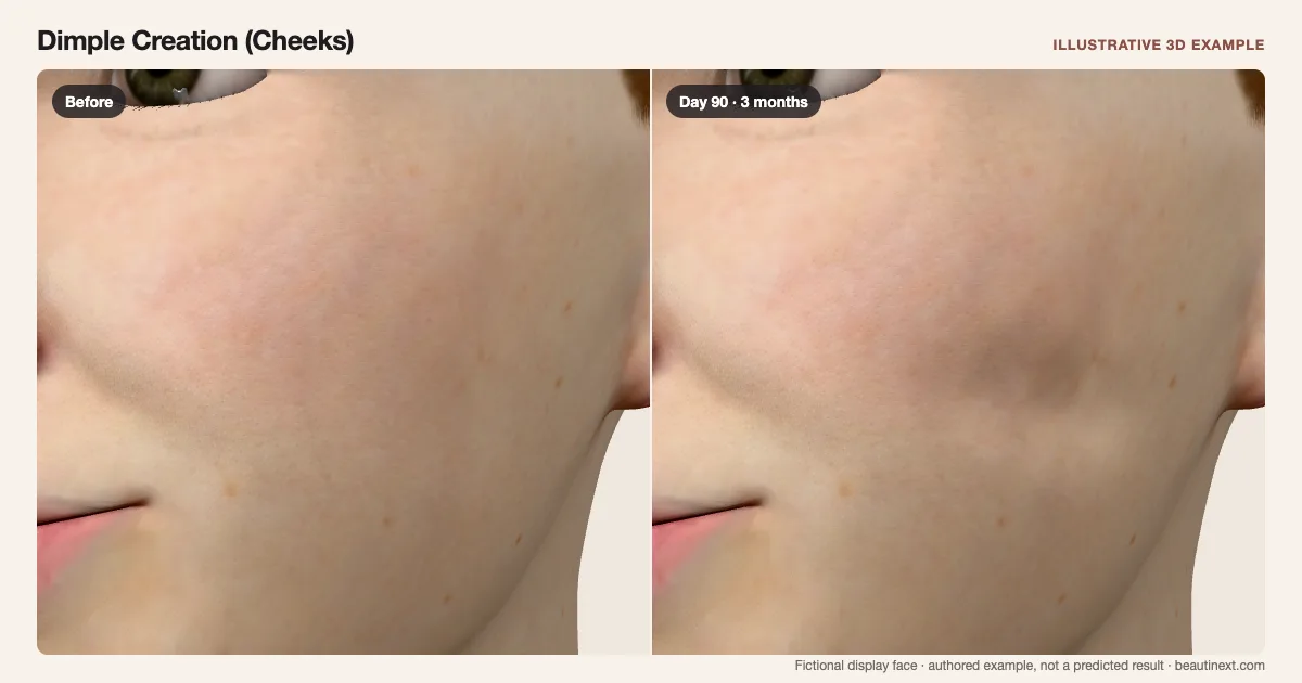 Dimple Creation (Cheeks) on a fictional 3D face: before treatment and day 90 · 3 months