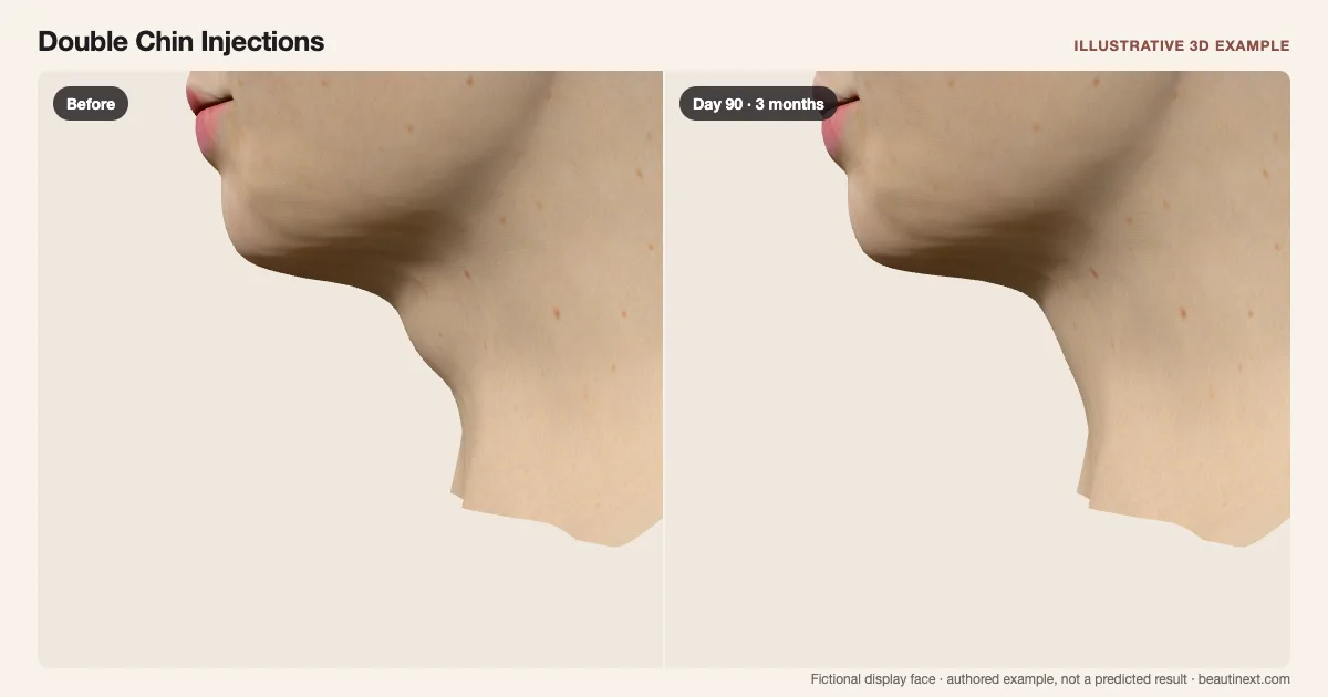 Double Chin Injections on a fictional 3D face: before treatment and day 90 · 3 months
