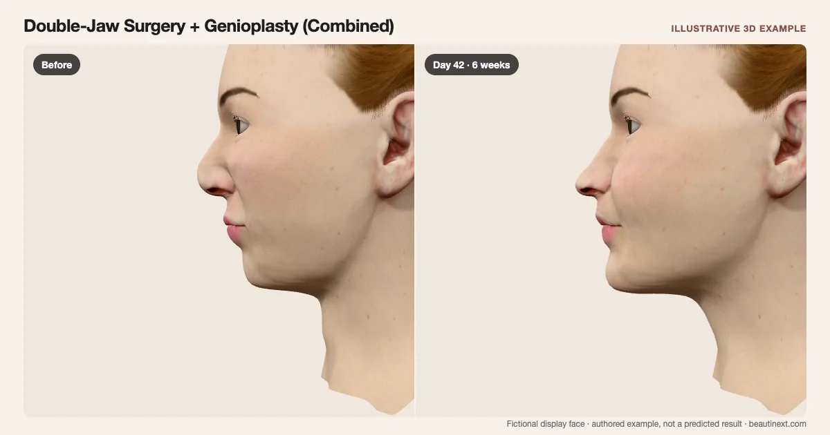 Double-Jaw Surgery + Genioplasty (Combined) on a fictional 3D face: before treatment and day 42 · 6 weeks